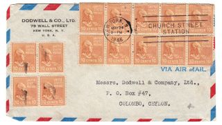 1946 Airmail To Ceylon With 14x10c Prexie Franking