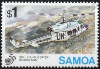 United Nations (un) Bell 212 Twin Huey Helicopter Aircraft Stamp (1995 Samoa)