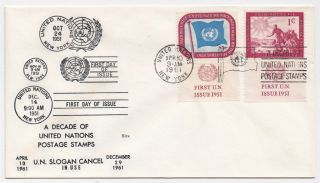 1951 - 1961 Un Fdc - Decade Of United Nations Postage - 1 & 3 Cent Stamps/tabs (b)