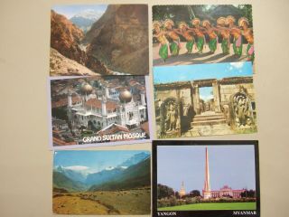 Six ASIA post cards w/pictures:Afghanistan,  Myanmar,  Sri Lanka,  Hong Kong,  Nepal,  Sin 2