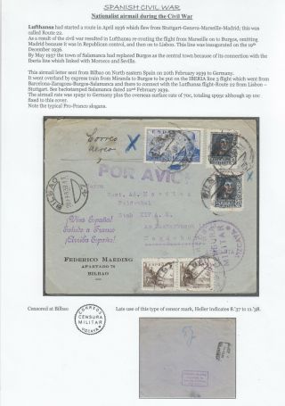 Spanish Civil War,  Nationalist Airmail 1939 5 Stamp Cover,  Bilbao To Germany