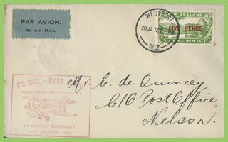 Zealand 1932 Flight Cover With 5d Airmail,  Westport - Nelson