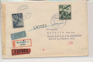 Lk53012 Slovakia 1943 Censored To Brussels Registered Cover