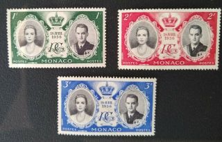 Monaco 1956 Royal Wedding - Grace Kelly - 3 Stamps - Hinged.  (254)