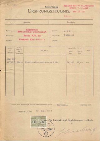 Germany Nazi Era Document Revenue Board Of Trade Berlin 1941 Stempelmarke Fiscal