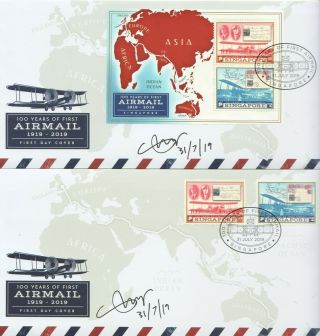Singapore 2019 100 Years First Airmail 2 First Day Covers Designer Autograhped