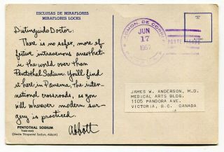 Panama 1957 Ship In Locks - Dear Doctor Abbott - Postcard To Bc Canada -
