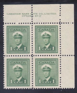 Canada 249 Mnh Og 1942 1c Green Kg Vi Plate Block Of 4 Ur 17