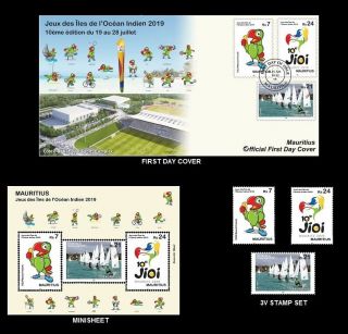 10th Ed.  Of Indian Ocean Islands Games,  Mauritius Fdc,  Minisheet & 3v Stamp Set
