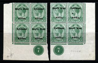 South West Africa Kg V 1925 ½d.  Plate Blocks Variety 16mm Overprint Sg 29