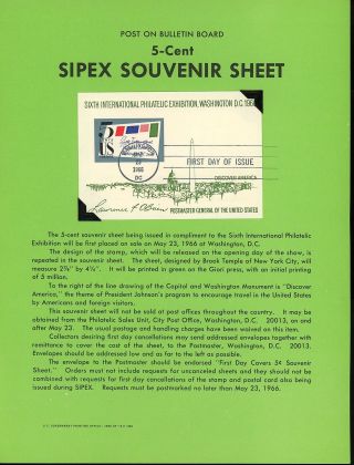 Ranto Cachet Us Fdc 1311 Unofficial Souvenir Page Sipex Sheet 1966
