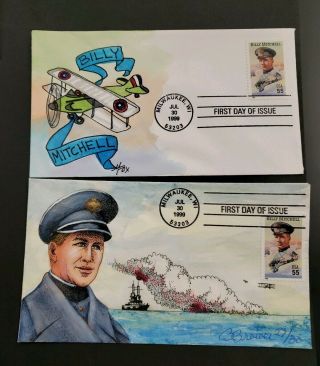 1999 Us Fdc Aviation Billy Mitchell Hand Painted Cachet Covers 5 Different