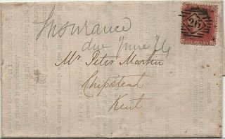 1859 Cover To Chipstead With 1d Red Star (a - J) Tied London 26 Numeral Duplex