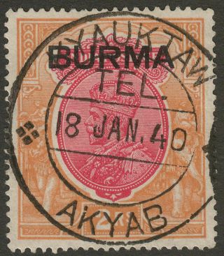 Burma 1937 Kgv Opt On India 2r Carmine,  Orange Sg14 W Kyauktaw Tel Cancel