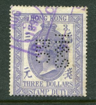 1874 China Hong Kong Qv $3 (violet) Stamp Duty Stamp With Perfins