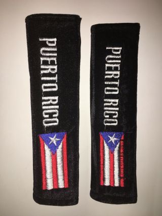 A Set Of Two Puerto Rico Embroidered Seatbelt Covers With Flag