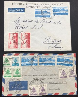 Lebanon Covers 1952 Stamps Suisse Long Island Usa Two Cedars Pairs Intra Bank