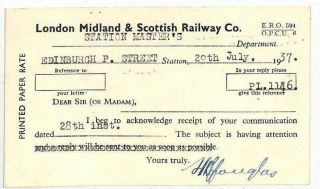 Ll261 Gb Keviii Railway Mail 1937 Edinburgh Lms Station Master Card Receipt