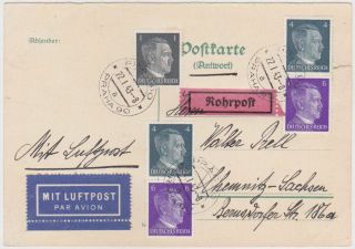 Germany Dr B.  &m.  1943 (22.  1. ) Pc Pneumatic Mail Prag Franking To Chemnitz