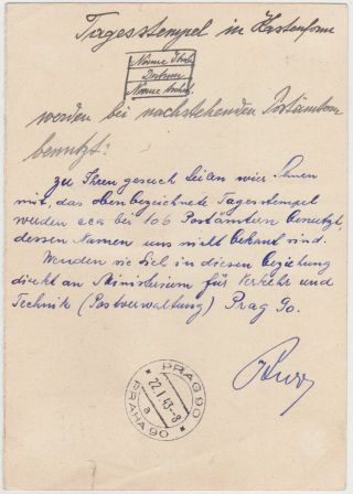 GERMANY DR B.  &M.  1943 (22.  1. ) PC PNEUMATIC MAIL PRAG FRANKING TO CHEMNITZ 2