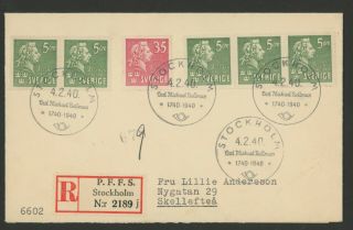 Sweden Stamps Scott 310 (x3),  311,  312 (x2) On Registered 1940 Fdc Cover