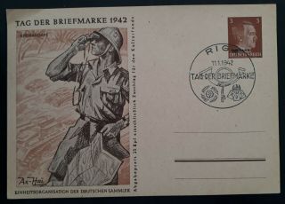 Rare 1942 Latvia (german Occ) Stamp Day Postcard With 3 Pfg Stamp " Ostland " O/p