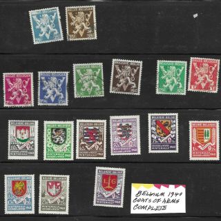STOCK PAGE OF BELGIUM,  2 PARTIAL AND ONE COMPLETE SET,  BIRDS,  COAT OF ARMS 2