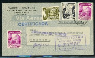 Peru Postal History: Lot 26 1948 Reg 1.  90s Commercial Lima - Lucerne $$$