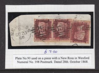 Gb: Penny Red Plate 90 Strip Of 3 On Piece Posted At Ross In Wexford