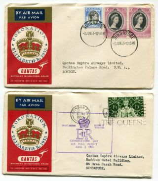 Singapore / Uk Gb 1953 Qeii Coronation Qantas Airmail Covers - Matched Pair