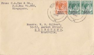 Stamp Straits Settlement Bma Malaya Overprint Various Kgv1 Cover To Australia