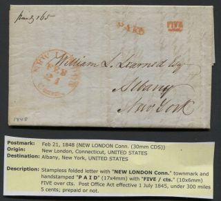 1848 Stampless Letter London Ct Red Cds,  Paid,  Five Handstamps