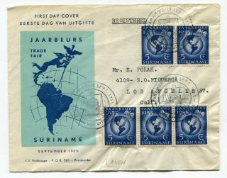 Suriname 1955 Trade Fair - Registered Fdc Cover To Usa - Cinderella Label Over