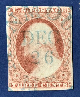 [/13] 1851 3 Cents Washington Dull Red Imperforated With Blue Cds