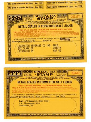 Special Tax Stamps - - 1950 (2) Ret Dlr Fermen Malt Liquor W & W/o Coupons