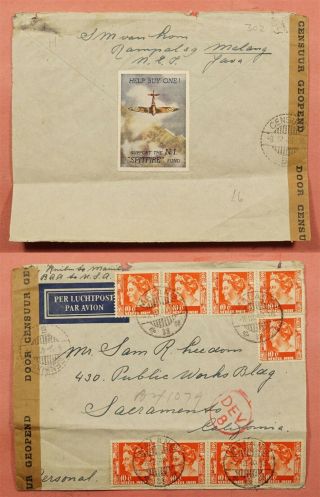 Netherlands Indies Patriotic Label 1940 Malang Airmail To Usa Wwii Censored