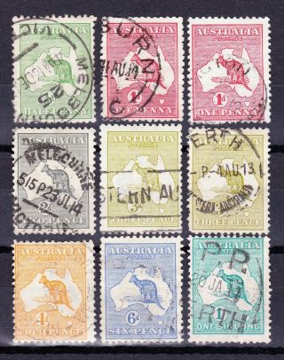 Australia 1913 - 14 1st Wmk (2) Wide Crown A - ½d To 1/ - 9 Roo Stamps Some Dated Pmks