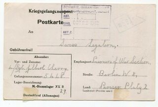 Germany 1941 Stalag / British Pow Camp Censor Postcard To Swiss Legation 2