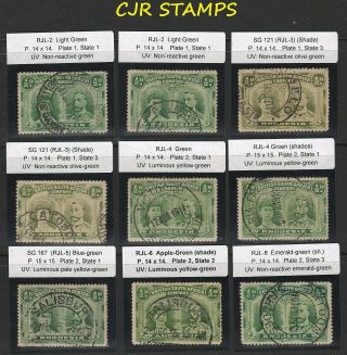 Rhodesia 1910 Double Head ½ D.  Group Of 9 Stamps - P.  14/15 - Fine