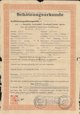 Germany Document Motor Vehicle Evaluation Revenue 1949 Stempelmarke Fiscal