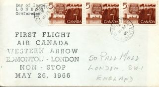 Canada 1966 Fdc & Ffc Edmonton To London,  England With 5c Strip Of 3 Sg573