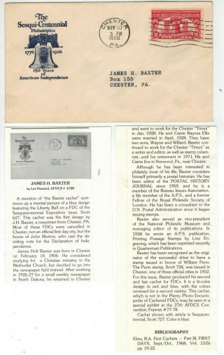 1926 Liberty Bell 150th Anniv.  627 - 4 Chester Pa Fdc 1st Baxter Cv $100,  Article