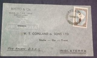 1946 Repetto & Cia Envelope To W T Copeland & Sons Stoke Argentina Stamp Air
