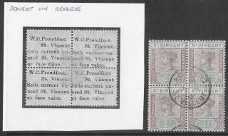 St.  Vincent 1899 Qv 1/2d Block With Proudfoot Advert On Back Fu