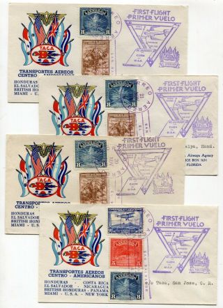 El Salvador 1943 Taca Airmail Ffc - Group Of Four Different First Flight Covers