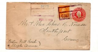 Us Connecticut Sc U429d Postal Stationery Registered Stamp Cover 1920 Id 411