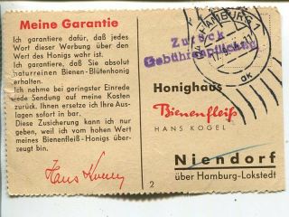 Germany Brd Two - Liner Zurück Gebührenpflichtig On Card Hamburg 1954