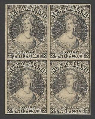 Zealand 1862 Chalon 2d Imperf Proof In Black On Card Block Of 4