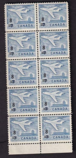 Canada Mnh Pane Of 10,  1964 Sc 430 Jet Surcharge 8¢ On 7¢
