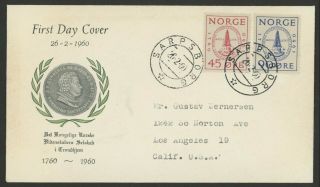 Norway Stamps Scott 380 & 381 On 1960 First Day Cover Sarpsborg Cancellation